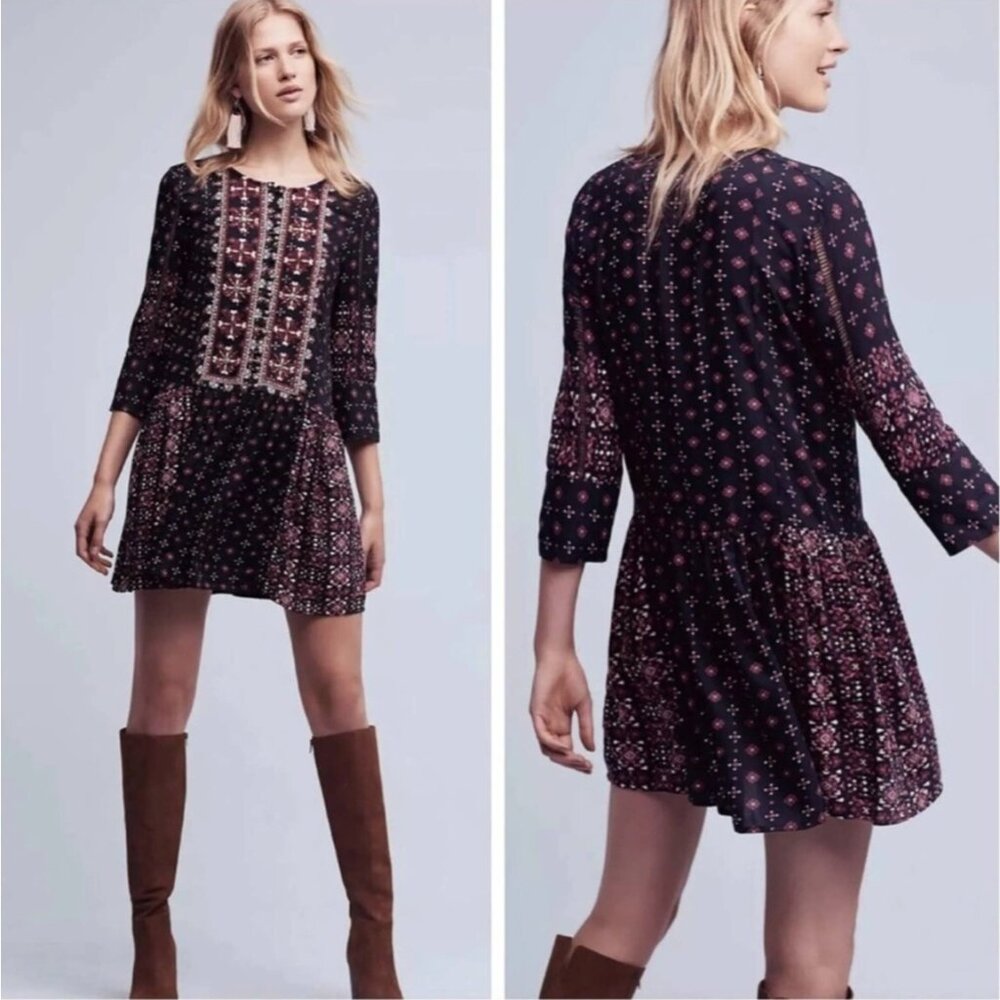 Anthropologie‎ Vanessa Virginia Small Kaleidoscope Boho Shirt Dress Embroidery